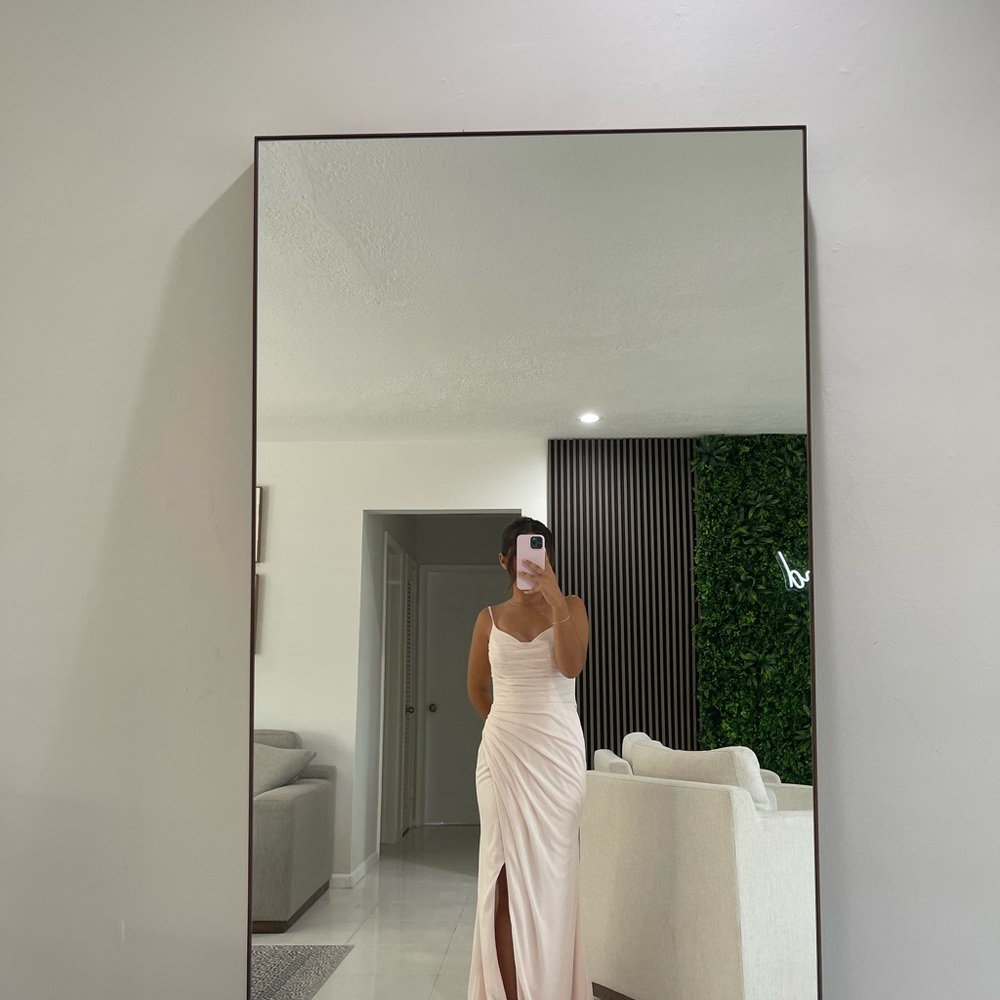 Bride made dress from Azazie deandre dress. Color rose petal